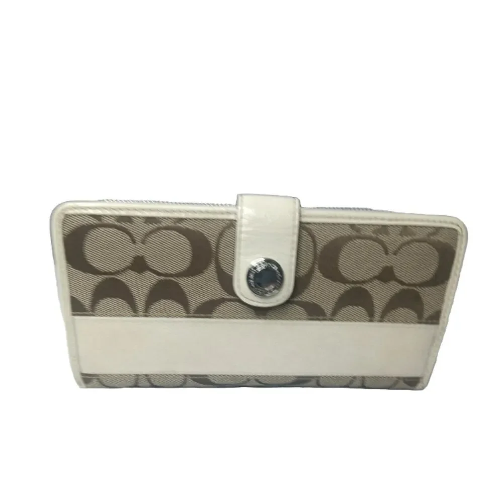Coach Signature Stripe Checkbook Wallet Khaki~Brown~Cream Full Size